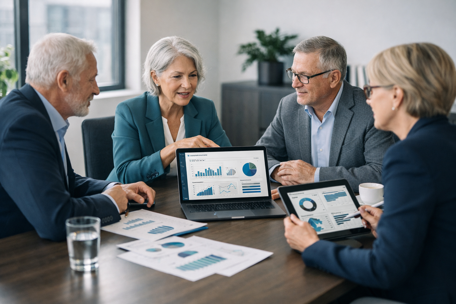 Senior professionals working together around a meeting table with analytics on a laptop